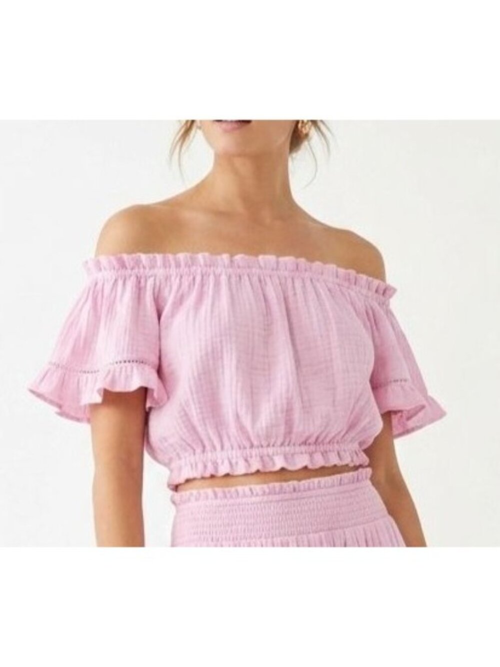 Ocean Drive Pink Double Gauze Cotton Off the Shoulder Crop Top  size medium NWT